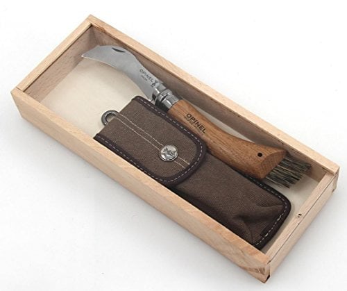 Opinel 254148 - Coltello per Funghi, Acciaio Inox, Legno di Quercia, Custodia in Pelle, Scatola in Legno