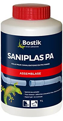 Bostik Colle Gel PVC Saniplas PA, Assemblage Tubes et Raccords PVC Rigide non plasifiés, Tous réseaux, Compatible Eau Potable, Pot de 1l, Incolore