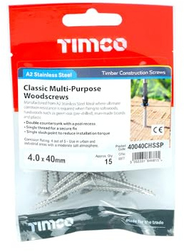 TIMCO Classic Multi-Purpose Countersunk A2 Stainless Steel Woodcrews - 4.0 x 40