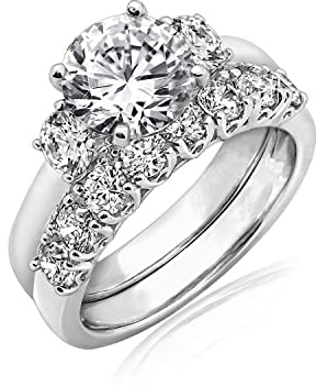 Amazon Essentials Sterling Silver Platinum Plated Infinite Elements Cubic Zirconia Three Stone Ring, Size 5