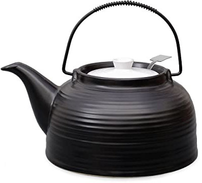 Teekanne Nelly groß aus hitzebeständiger Keramik 1,5 Liter schwarz/Weiss mit Stahl-sieb, Original Aricola