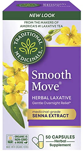 Traditional Medicinals Organic, Smooth Move Laxative Capsules - Organic Senna & Licorice Laxatives for Constipation - Kosher, Non-GMO, Stimulant-Free - 50 Capsules