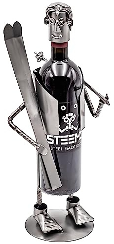 STEEMO Original Schraubenmännchen Weinflaschenhalter – Skifahrer Ski-Fan Wintersport - Handgefertigter Flaschenständer aus Stahl, Nachhaltiges Geschenk für Sportfans, Kreative Wein-Deko, Weinhalter