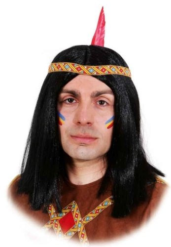 Perücke: Indianer-Perücke, lang, schwarz, mit gelb-rotem Band
