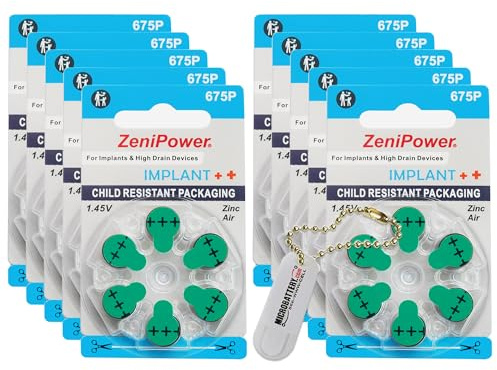 60 ZeniPower Hearing Aid Batteries Size: 675P Cochlear + Battery Holder Keychain Kit