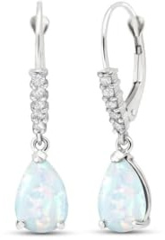 14 Karat Weißgold echte Diamanten und birnenförmiger Opal baumelnde Ohrringe