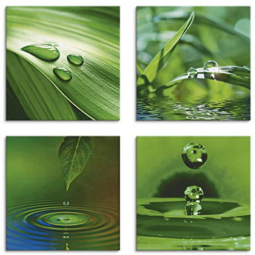 ARTLAND Wanddeko Wellness Bilder Leinwand Bilder Set 4tlg. je 20x20 cm Quadratisch Wandbilder Zen Pflanze Gras Wassertropfen K2IQ