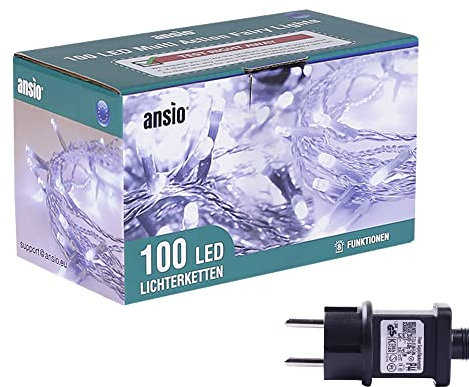 ANSIO® Lichterkette außen Innen 10m 100 LED lichterkette Weihnachtsbaum Lichtketten Strom Für Weihnachten, balkon, fenster, Weihnachtsdekoration | Kaltweiß Weihnachtsbeleuchtung | Grünes Kabel