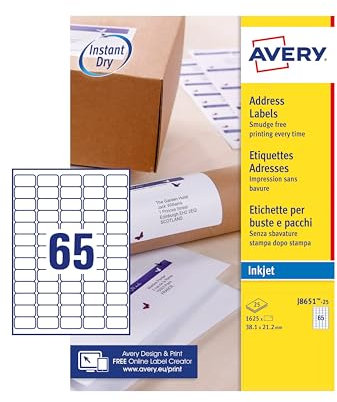 Avery España J8651-25.Etiquetas adhesivas blnacas de pepel-138,1x21,2mm, Caja de 1625 mini etiquetas,