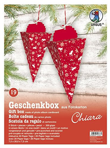 Ursus 5140019 - Geschenkbox Chiara, Elch rot, 5 Stück, aus Fotokarton 300 g/qm, beidseitig bedruckt, vorgestanzt und genutet, inklusive 20 Paper Tags, ideal für kleine Überraschungen