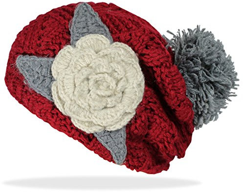 dy_mode Damen Strick Mütze mit gestrickte Blumen Applikation und Bommel Strickmütze Wintermütze - A077 (A077-Kirschrot)