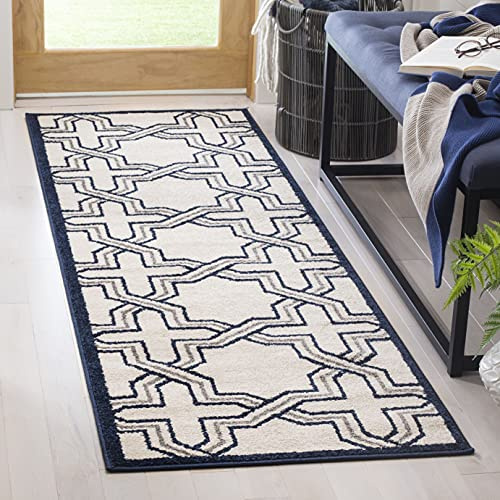 SAFAVIEH Amherst Collection Runner Rug - 2'3 x 7', Ivory & Navy, Geometric Design, Non-Shedding & Easy Care, Ideal for High Traffic Areas in Living Room, Bedroom (AMT413M)