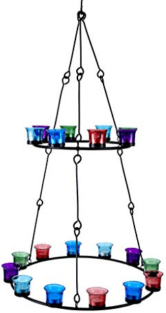 Doppelstöckiger Teelicht-Kronleuchter (schwarzer Rahmen, mehrfarbiges Glas)
