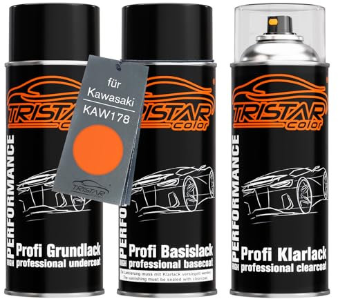 TRISTARcolor Motorradlack Spraydosen Set für Kawasaki KAW178 Candy Sparkling Orange Grundlack Basislack Klarlack Sprühdose 400ml