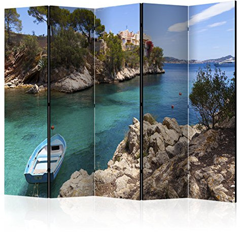RAUMTEILER/PARAVENT B&D XXL Raumteiler Meer Boot Insel Steg Foto Paravent 225x172 cm beidseitig auf Vlies-Leinwand Bedruckt Trennwand Spanische Wand Sichtschutz Raumtrenner Home Office blau