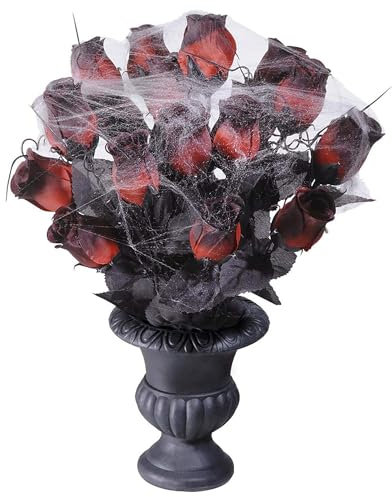 W WIDMANN MILANO Party Fashion 7868R - Rosenstrauß Rot mit Spinnennetz, 15 Stück, Dekoration, Halloween, Mottoparty