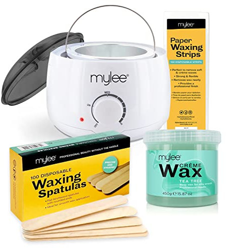 Mylee Waxing Kit, with White Thermostatic Control Wax Heater, Mylee 450g Tea Tree Soft Wax, 100x Waxing Strips, 100x Disposable Wooden Waxing Spatulas