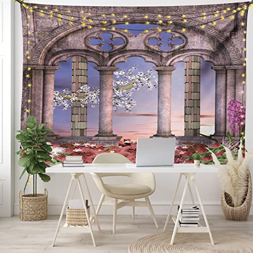 Ambesonne Gothic Tapestry, Colonnade in Secret Garden with Flowers at Sunset Enchanted Forest, Wide Wall Hanging for Bedroom Living Room Dorm, 80 X 60, Lilac Grey Blue