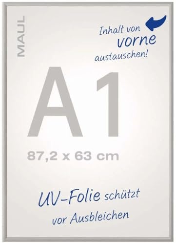 MAUL cadre A1 MAULsolid | Grand cadre pour posters, matériel publicitaire & photos | Cadre photo A1 avec profilé en aluminium de 25 mm | Cadre posters en format vertical | Argenté