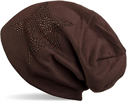 styleBREAKER Beanie Strass Stern Baumwollmix warm 59cm | Slouch Design. Glitzer Applikation. Bundweite 26cm. Höhe 26cm. elastisch. weiche Haptik. warme Qualität. Einheitsgröße.