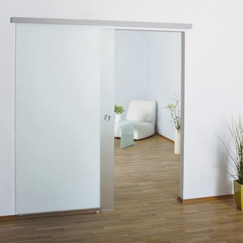 BIJON Glasschiebetür Komplettset aus 8mm ESG Glas, Glastür Schiebetür mit Muschelgriff und 15mm Wandabstand, Vollsatiniert - SO3 DIN Links - 1025x2050 mm