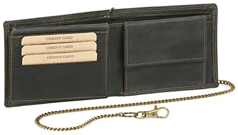 LEAS MCL Bikerkombibörse mit Klappe extra dünn und Kette im Querformat Vintage in Echt-Leder, schwarz - LEAS Chain-Series