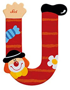 Sevi 81757 Holzbuchstabe U Clown ca. 10 cm, Türbuchstaben für Kinderzimmer, ABC Lernspielzeug aus Holz, pädagogisches Spielzeug für Kinder ab 3 Jahren, Buchstabe Clowns Sortiert, Rosa / Gelb / Blau, Mehrfarbig, ca. 10 x 7,5 cm