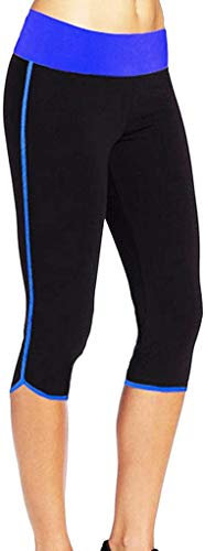4How Damen Capri Leggings 3/4 Kurze Sporthose Fitness Yogahose Jogginghose Training Tights Strumpfhose Schwarz + Blau L