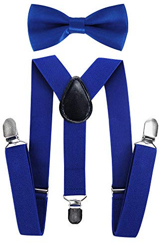 axy Hochwertige Kinder Hosenträger-Y Form mit Fliege- 3 Clips EXTRA STARK-Uni Farben (Blau)