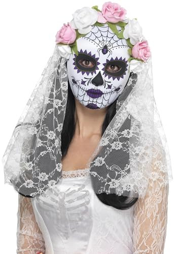 Smiffys Tag der Toten Brautmaske, ganzes Gesicht, Weiß, mit Rosen und Schleier