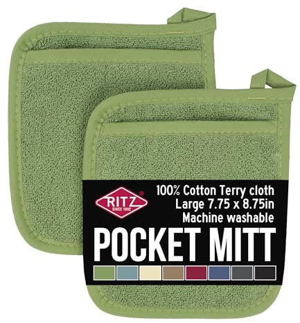 Ritz Royale Collection 100% Baumwolle Frottee Pocket Mitt Set Doppelfunktion Hot Pad Topflappen 2-teilig Kaktus Grün