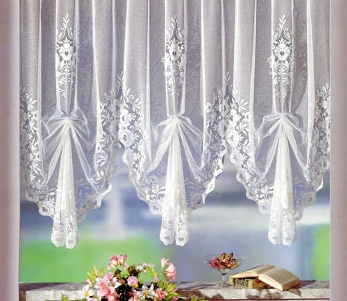 heimtexland Gardine, Hochraff-Store mit Universalschienenband (Kräuselband), 175cm hochgerafft x 3 Bögen für Dekobreite 140-180cm, Weiß, Klassisch mit Blumenmuster, 1 Stück, Vorhang Typ10
