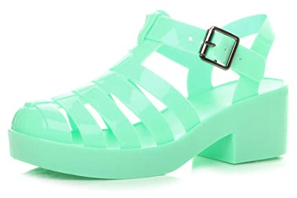 AJVANI Womens girls kids low mid block heel rubber jelly gladiator cut out retro sandals shoes size