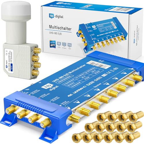 Multischalter pmse 5/8 HB-DIGITAL Set für 1x SAT bis 8 x Teilnehmer/Receiver für Full HDTV 3D 4K UHD mit Netzteil + Quattro LNB 0,1dB