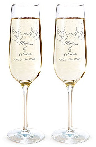 AMAVEL Set de 2 Flûtes à Champagne avec 2 Tourtereaux, Personnalisées avec 2 Prénoms et 1 Date, Volume 0,2 L