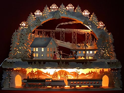 Großer 3D Schwibbogen 72cm mit Unterbank Zug-Fahrt Eisenbahn Handarbeit aus dem Erzgebirge