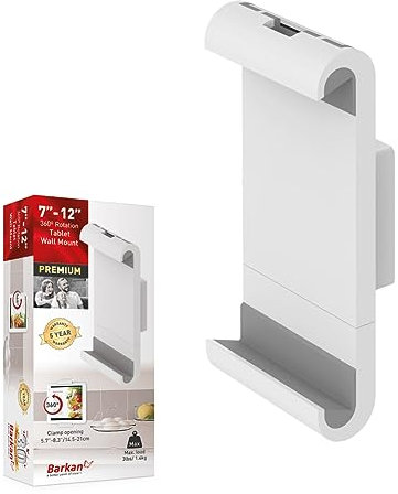 Barkan 7-12 inch Fixed Tablet Wall Mount 3 lbs White Firm Tablet Clamp 360 Degree Rotation Very Low Profile 5 Year Warranty
