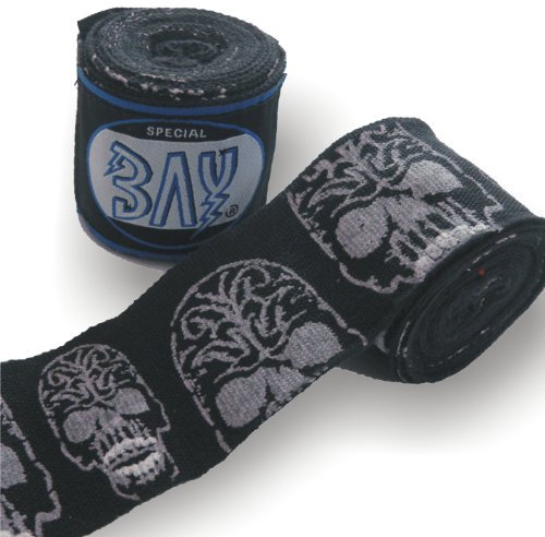 BAY® Skull Totenkopf schwarz Basic 2,5 Boxbandagen + WICKELANLEITUNG, elastisch, 2,5 Meter x 5 cm, Box-Bandagen, Paar für Kinder Kids und Erwachsene geeignet