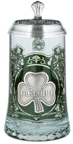 Irland Glas Bier Stein mit Zinn Deckel und Zinn Shamrock