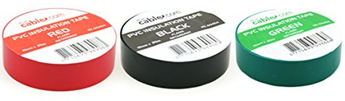 Loops PACK OF 3 - PVC Electrical Insulation Tape Roll | 20m x 19mm Black, Red, Green Wrap | Flame Retardant Power Cable Wire Tape | Perfect for Electrician Tool Box Work