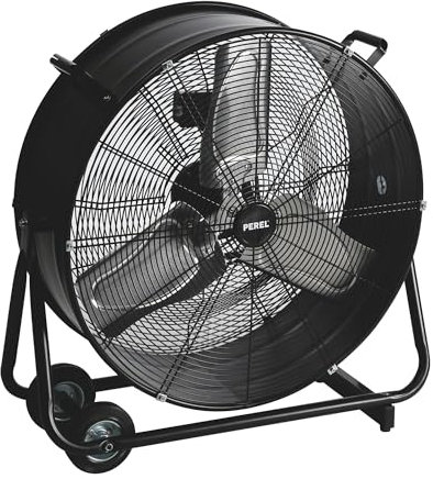 Perel Ventilateur de sol puissant, Ø 60 cm, 2 vitesses, métal, design tambour, noir, intérieur/extérieur, 22,5 kg