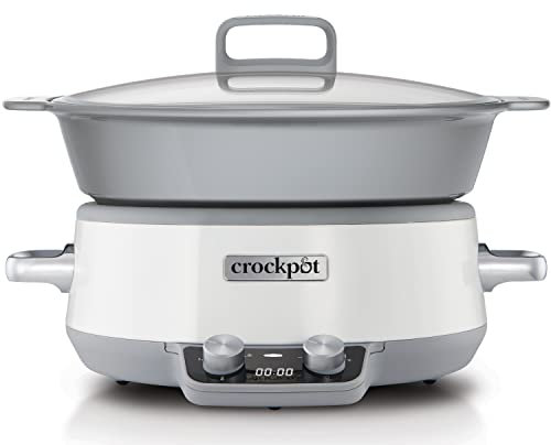 Crockpot CSC027X Mijoteuse Sauteuse électrique programmable avec revêtement antiadhésif DuraCeramic et minuterie numérique, Capacité 6L (7-8 personnes), 1100W, Blanche