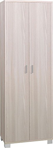 Sarmog Besenschrank mit 2 Türen und 6 Ablagen aus hellem Ulmen, Weiß, 34 x 63 x 183 cm