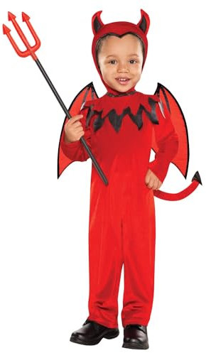 Amscan - Kinderkostüm Teufel, Overall mit Teufelschwanz, Mütze, Flügeln, Kleinkinder, Mottoparty, Karneval, Halloween, Rot-schwarz