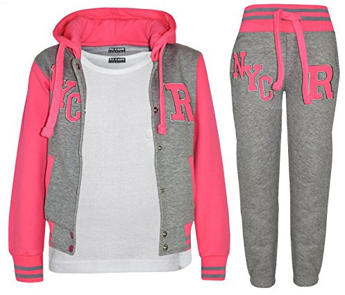 A2Z 4 Kids Unisex Girls Boys Baseball Tracksuit R Fashion Fox - T.S Baseball NYC Grey & Neon Pink 5-6