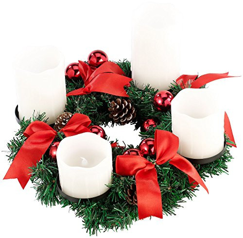 Britesta Adventkranz LED: Adventskranz mit weißen LED-Kerzen, rot geschmückt (Adventsgesteck mit LED Kerzen, Adventskranz mit LED Lichtern, Kabellose Weihnachtskerzen)
