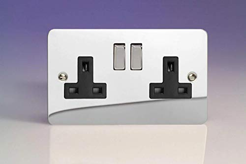 XFC5DB - Varilight - Ultra Flat Plate - Polished Chrome Black & Metal Inserts - 2 Gang 13Amp Plug Socket