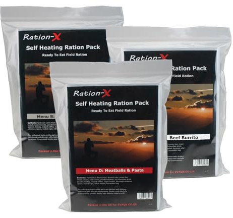 Pack of 3 Self Heating Field Ration Packs - Ready To Eat Camping Meals Menu A, B & D