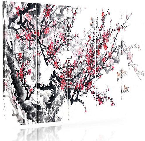 Feeby Frames, Tableau Multi Panneau 5 Parties, Tableau imprimé XXL, Tableau imprimé sur Toile, Tableau Deco, Pentaptyque (Cerisier Japonais, Blanc, Rouge, Noir) 100x70 cm, Type C