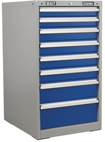 Sealey 8 Drawer Industrial Cabinet, Overall Size (W x D x H): 565 x 655 x 1000mm, Blue/Grey